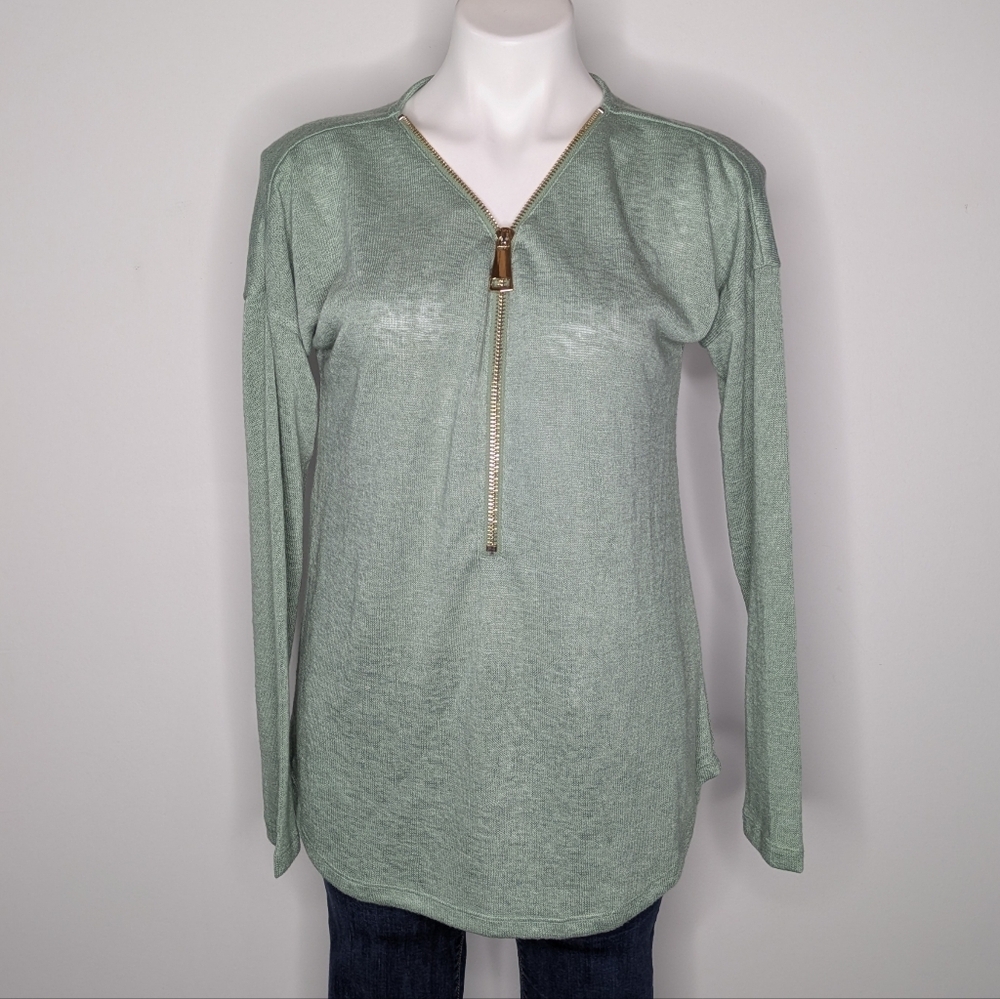 NWT Soft Surroundings Green Sheer Lightweight Knit Zip V Neck Sweater S